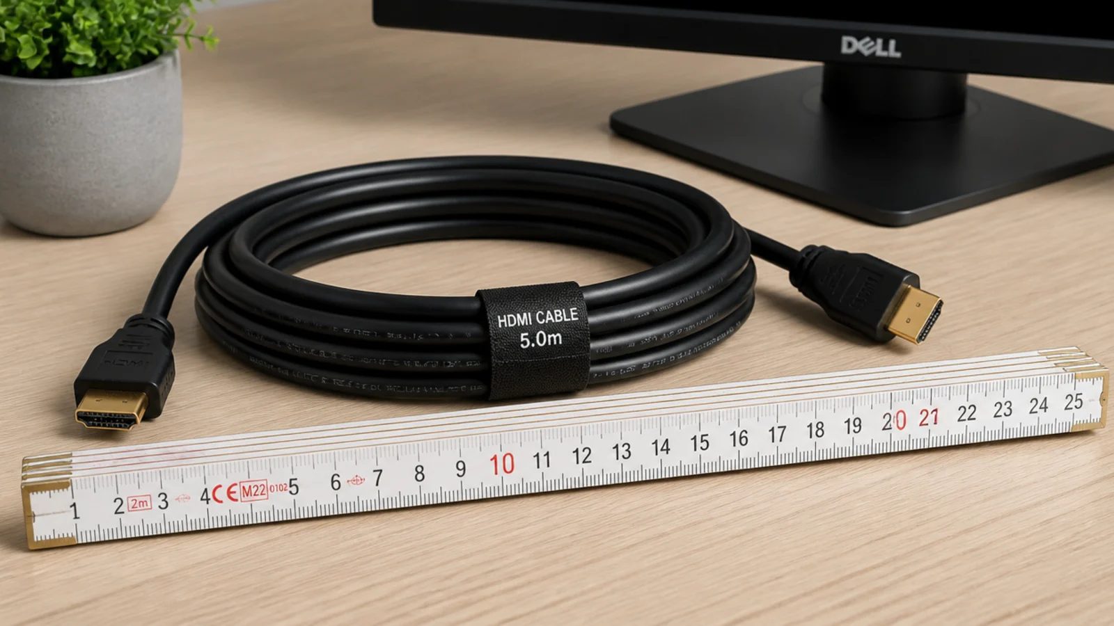 coiled hdmi cable measured against a folding rule on a desk