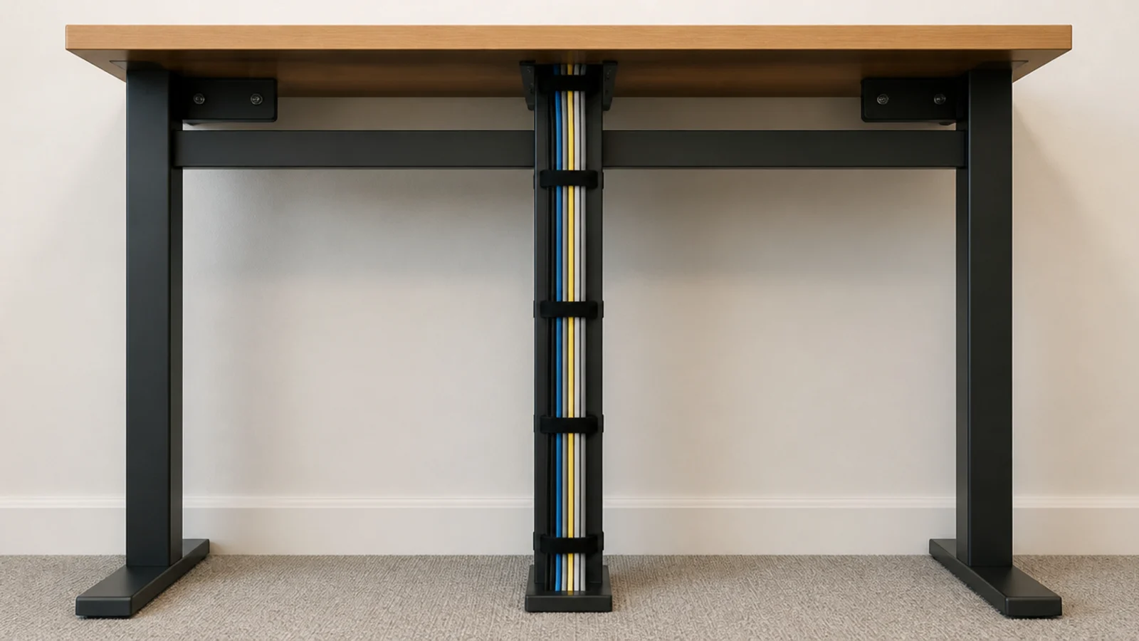 cable bundle held by evenly spaced velcro ties behind a desk