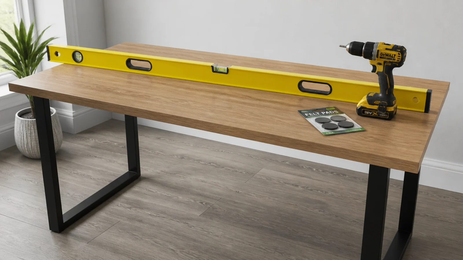 spirit level resting on a newly assembled desk top with steel legs