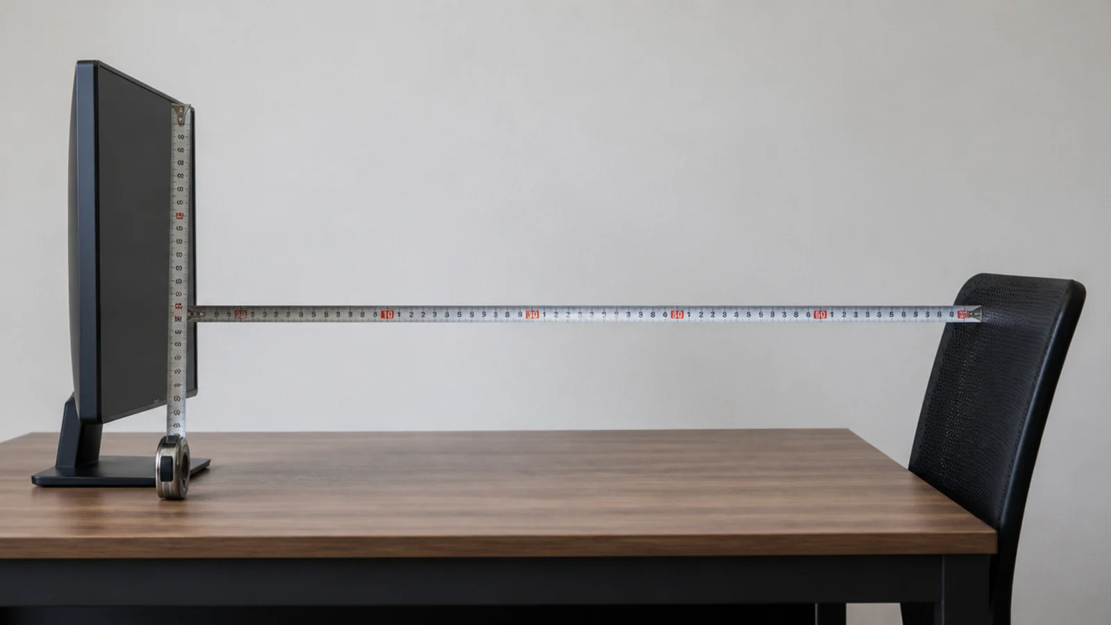 tape measuring from a monitor face to a seated chair backrest