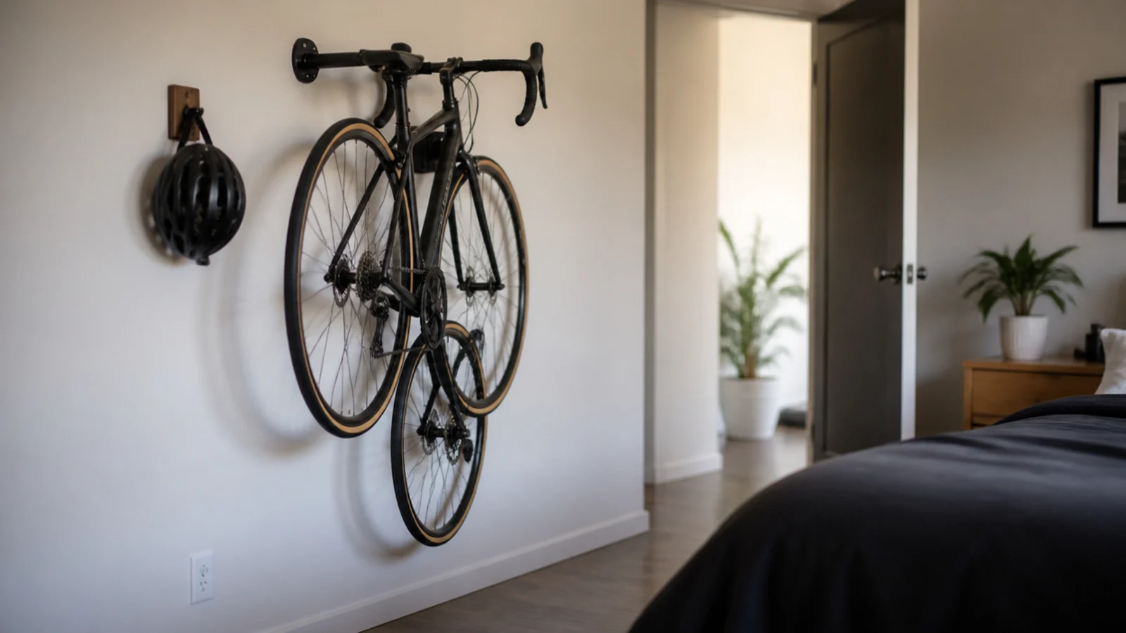 bicycle hung vertically on a wall hook above clear bedroom floor