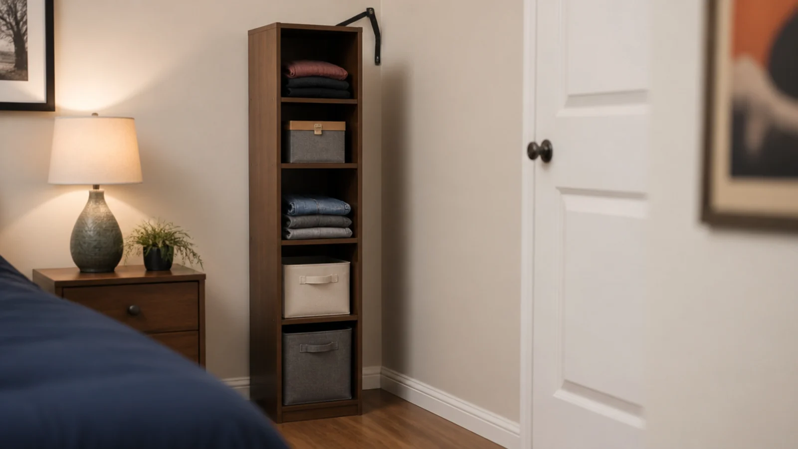 twelve inch wide shelving tower filling a small bedroom corner
