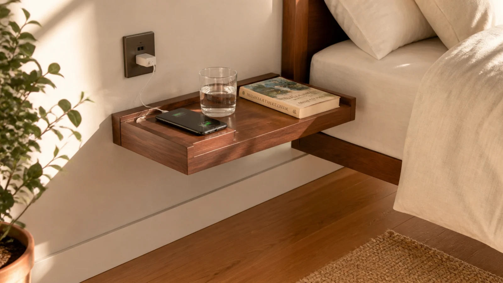 wall mounted bedside shelf holding a phone glass and paperback