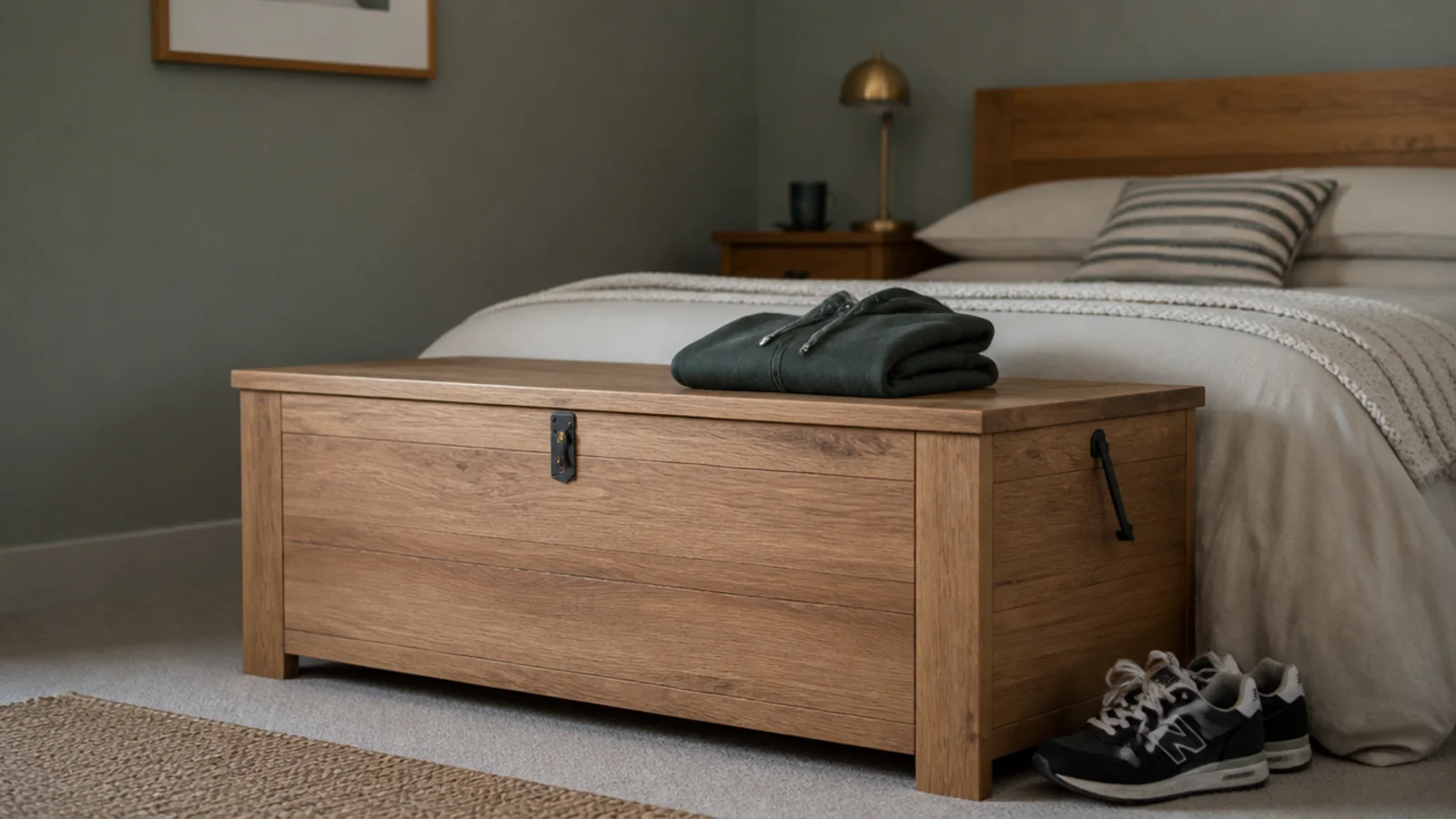 flat lidded storage trunk used as a seat at the end of a bed