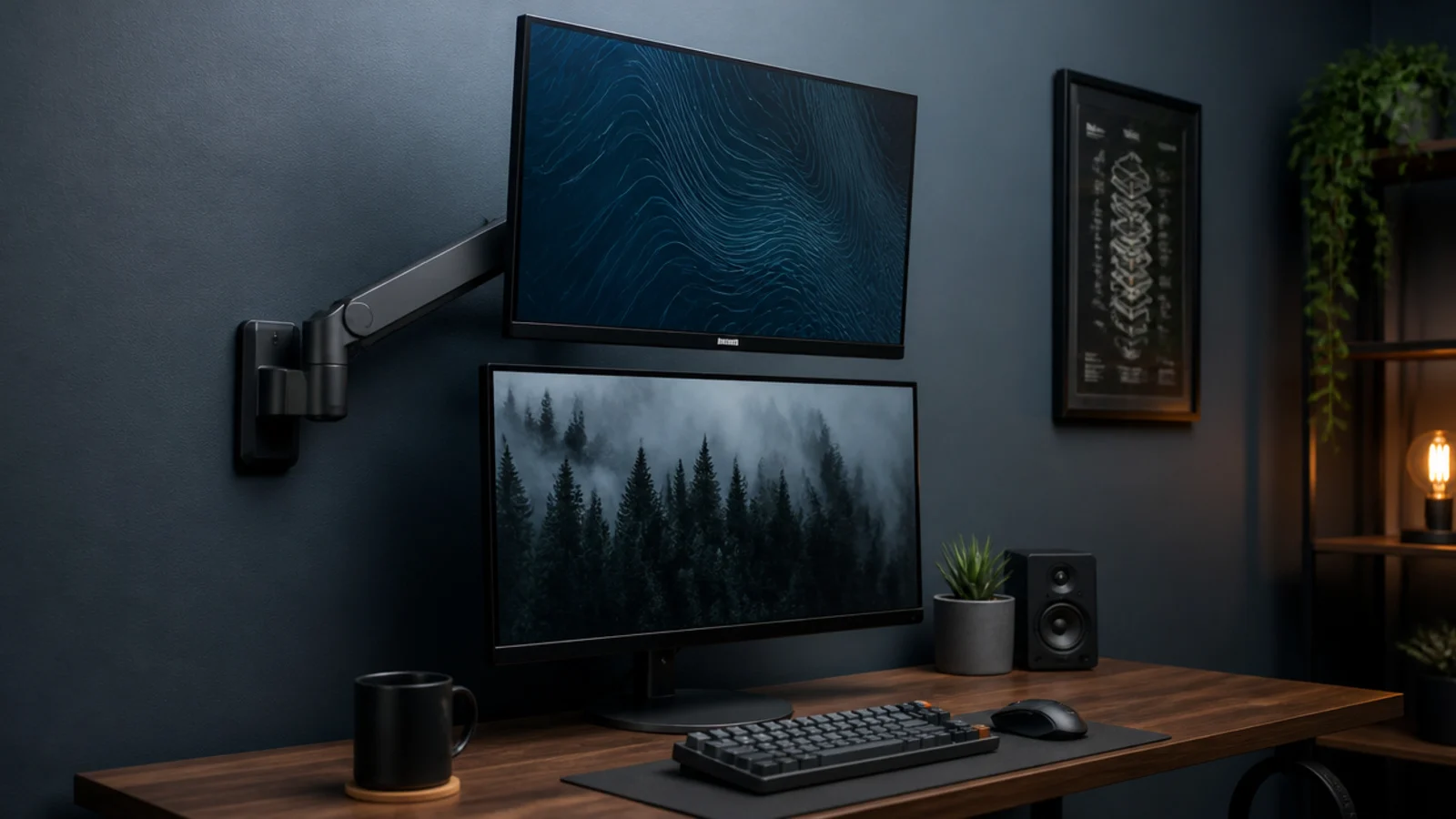 second monitor held on a wall mounted arm above a narrow desk