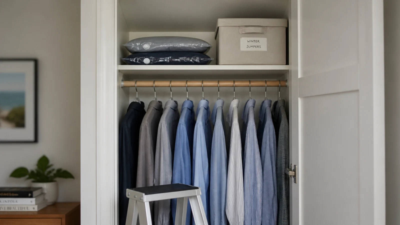vacuum bags and a labelled box stored on a high wardrobe shelf