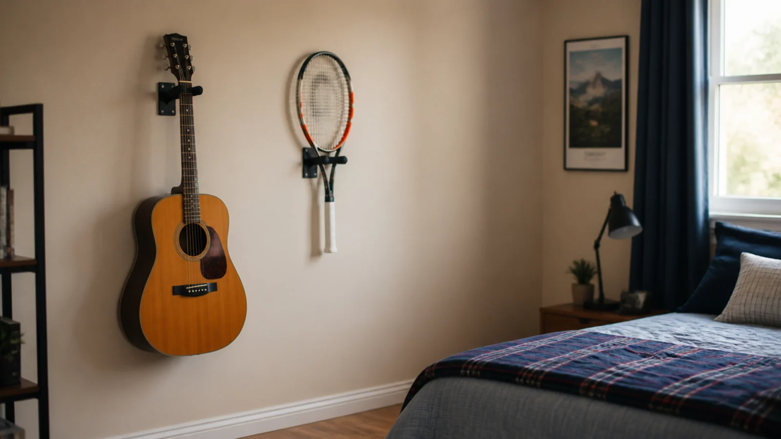 guitar and a tennis racket hung on wall brackets side by side