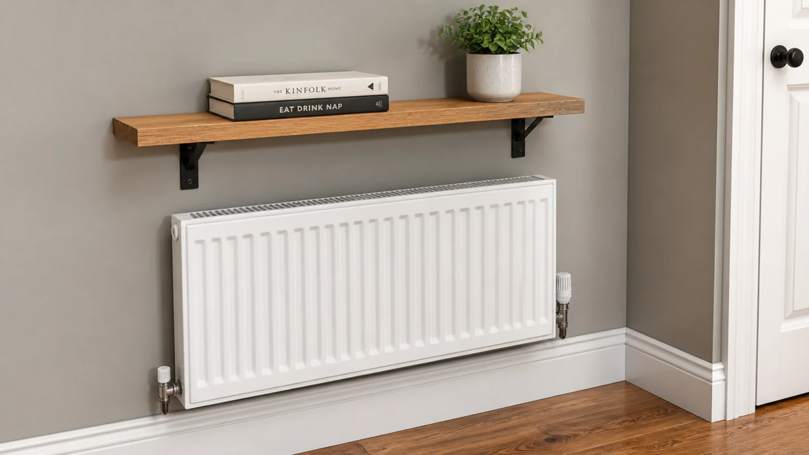 narrow shelf fitted above a radiator holding books and a plant