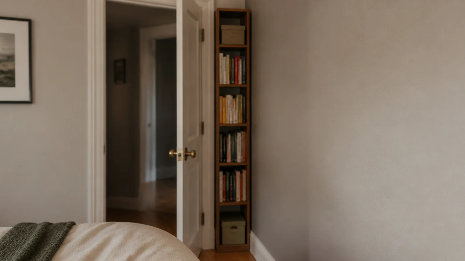 very narrow bookcase filling the gap between a door and a corner