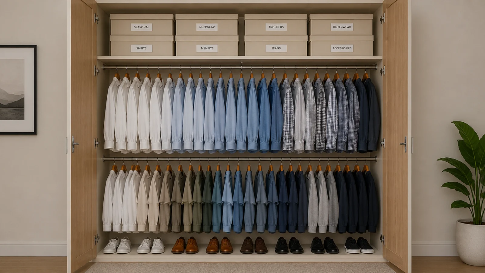 wardrobe interior fitted with a second rail and stacked boxes