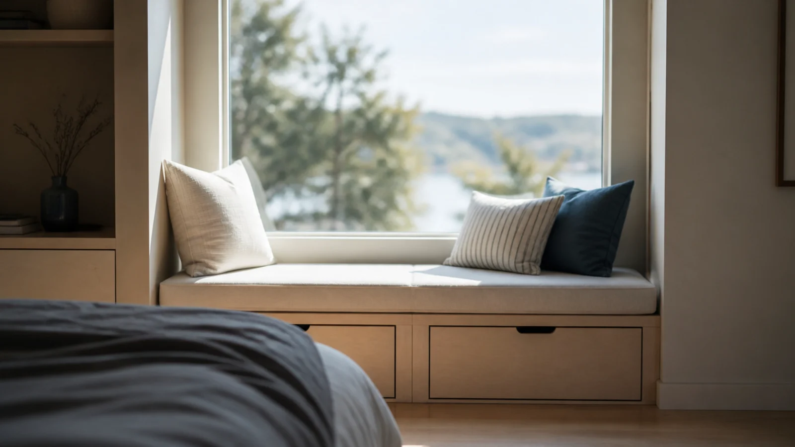 window seat with storage boxes beneath filling a bedroom recess