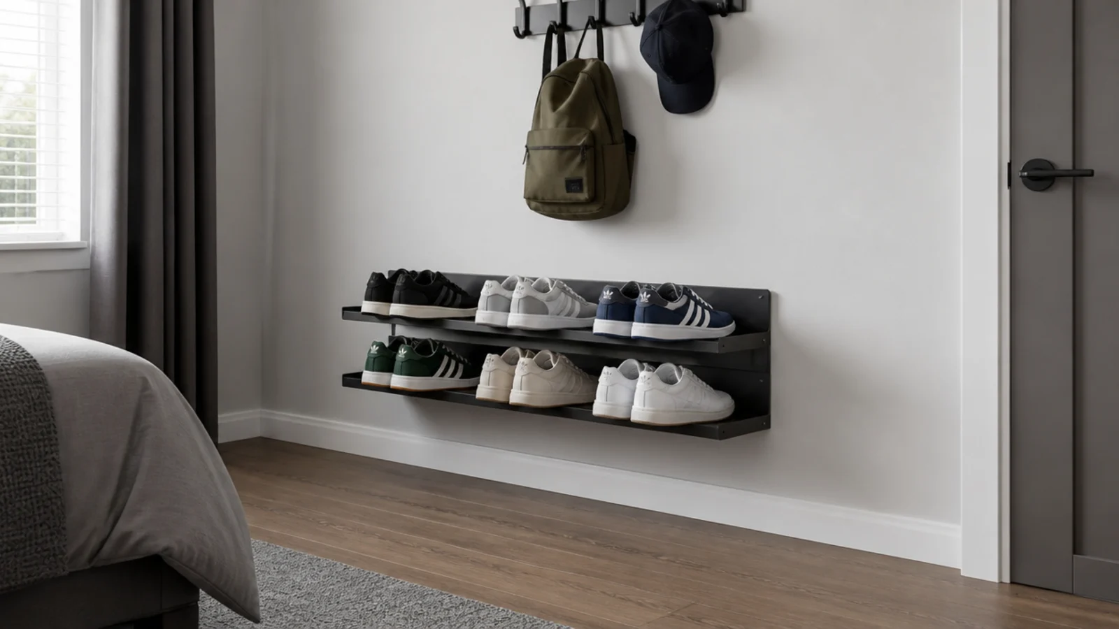 shallow wall mounted shoe rack holding trainers above clear floor