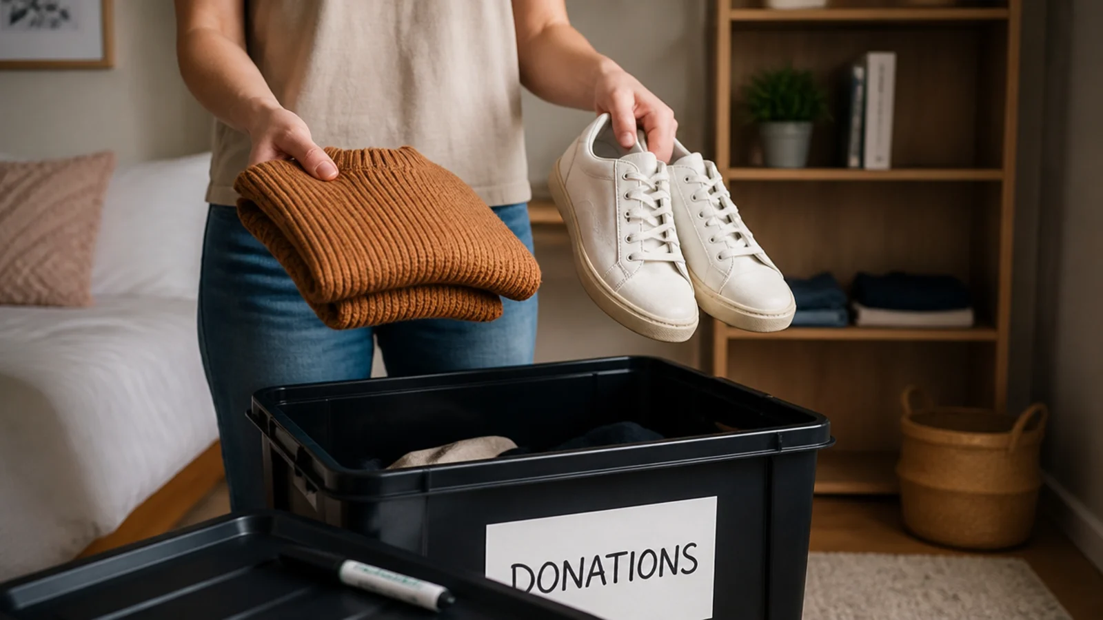 two items held over a donation crate in a tidy small bedroom
