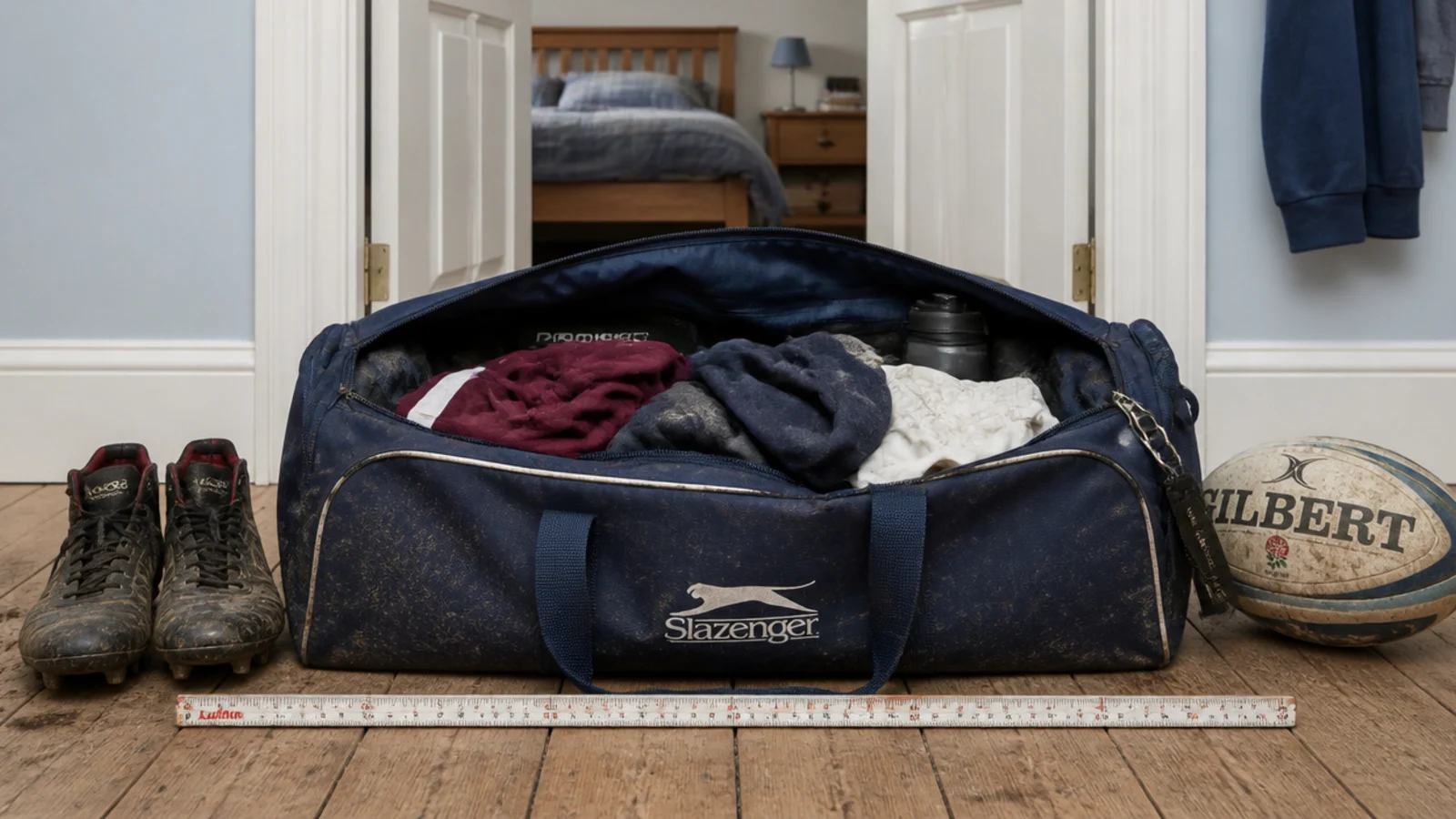 sports bag boots and ball measured against a folding rule on floor