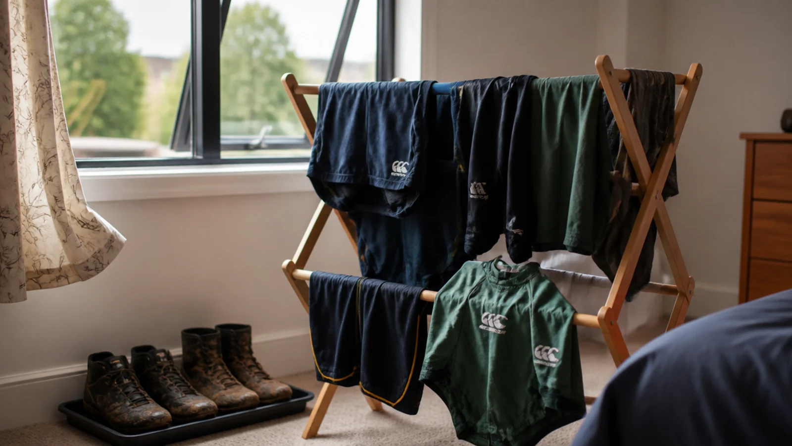 folding rail holding damp training kit beside an open window