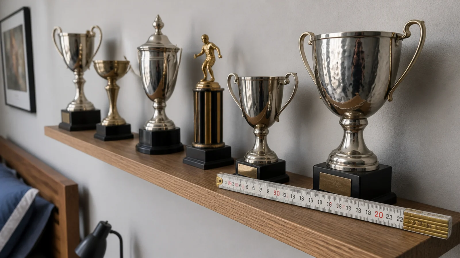 narrow trophy shelf holding cups and medals along a bedroom wall