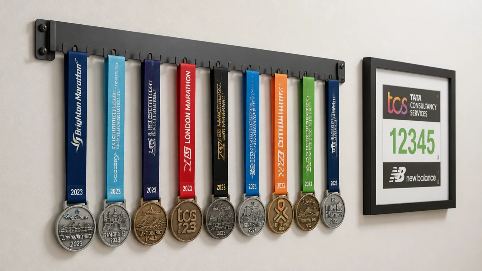 row of medals hanging evenly from a wall mounted display rail