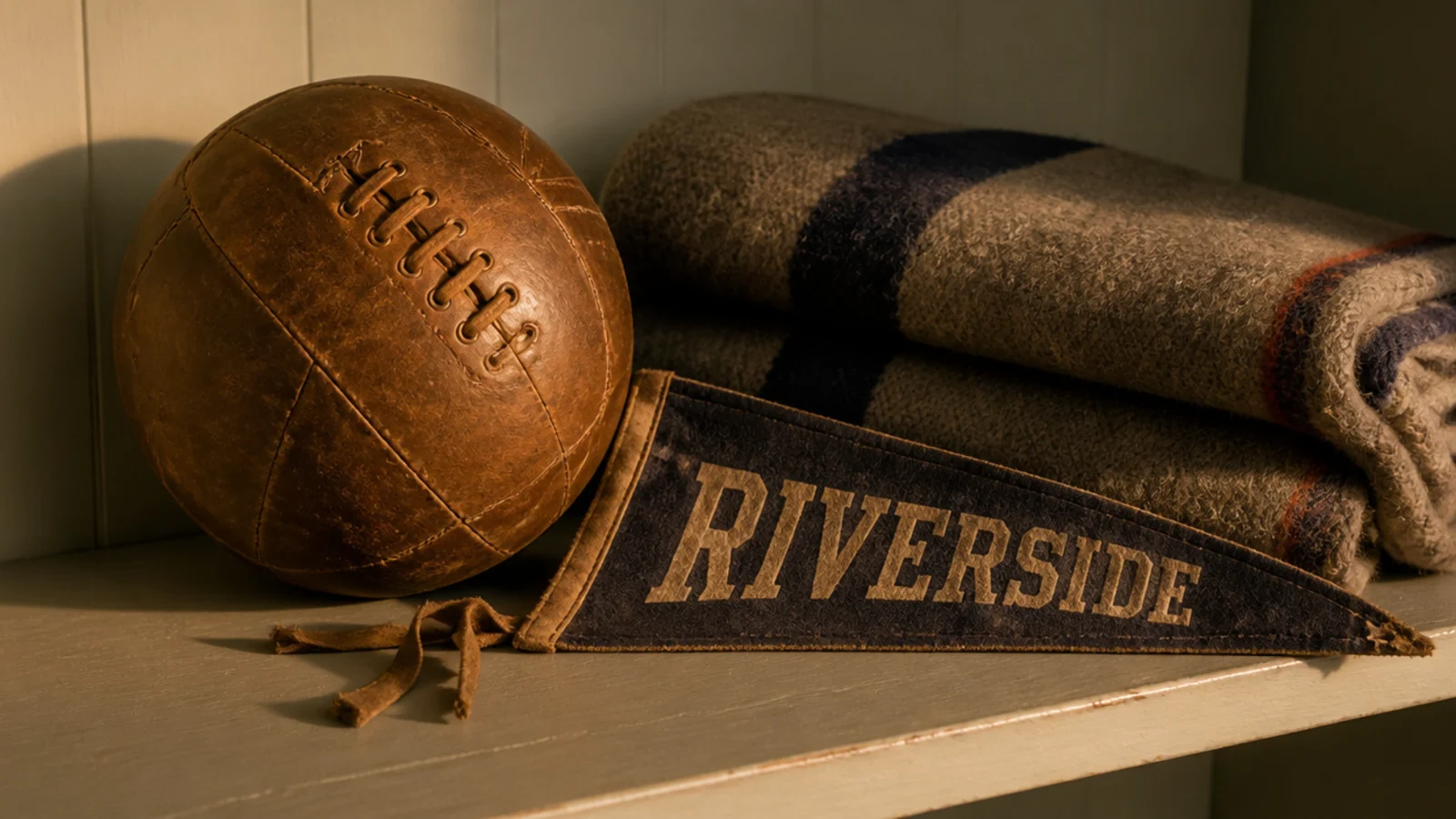 worn leather ball and old pennant displayed on a plain shelf