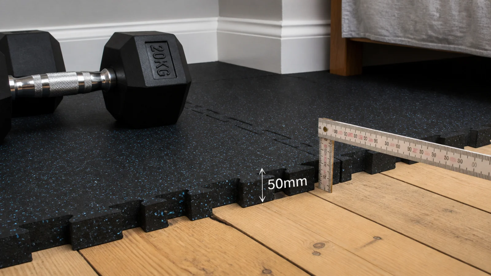 rubber floor tiles laid in a corner beside a timber bedroom floor