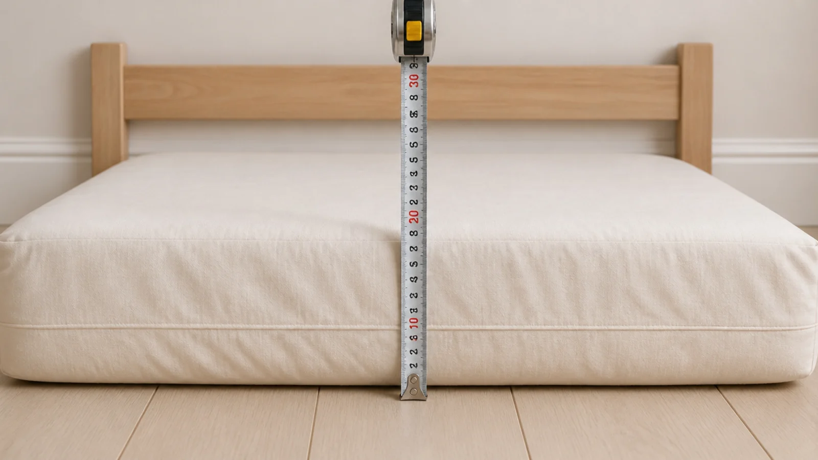 tape measure held from the floor to the top of a low mattress