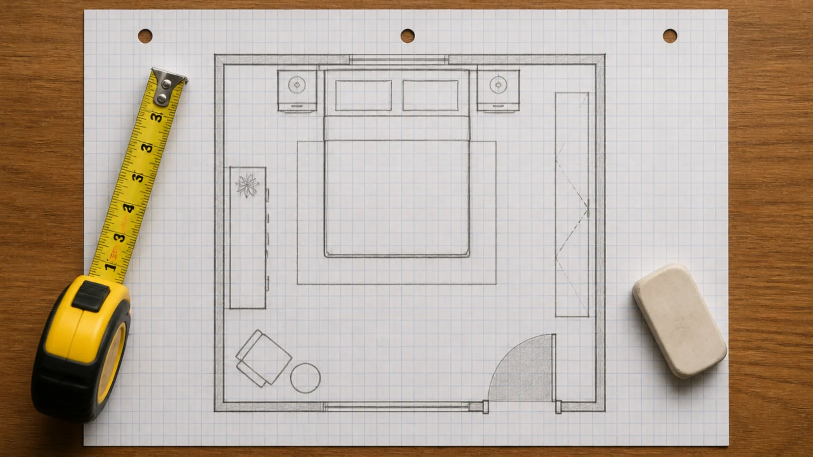 graph paper bedroom plan with a shaded door swing arc marked
