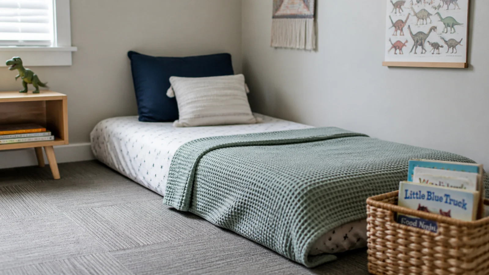mattress on the floor pushed into a bedroom corner with two walls guarding