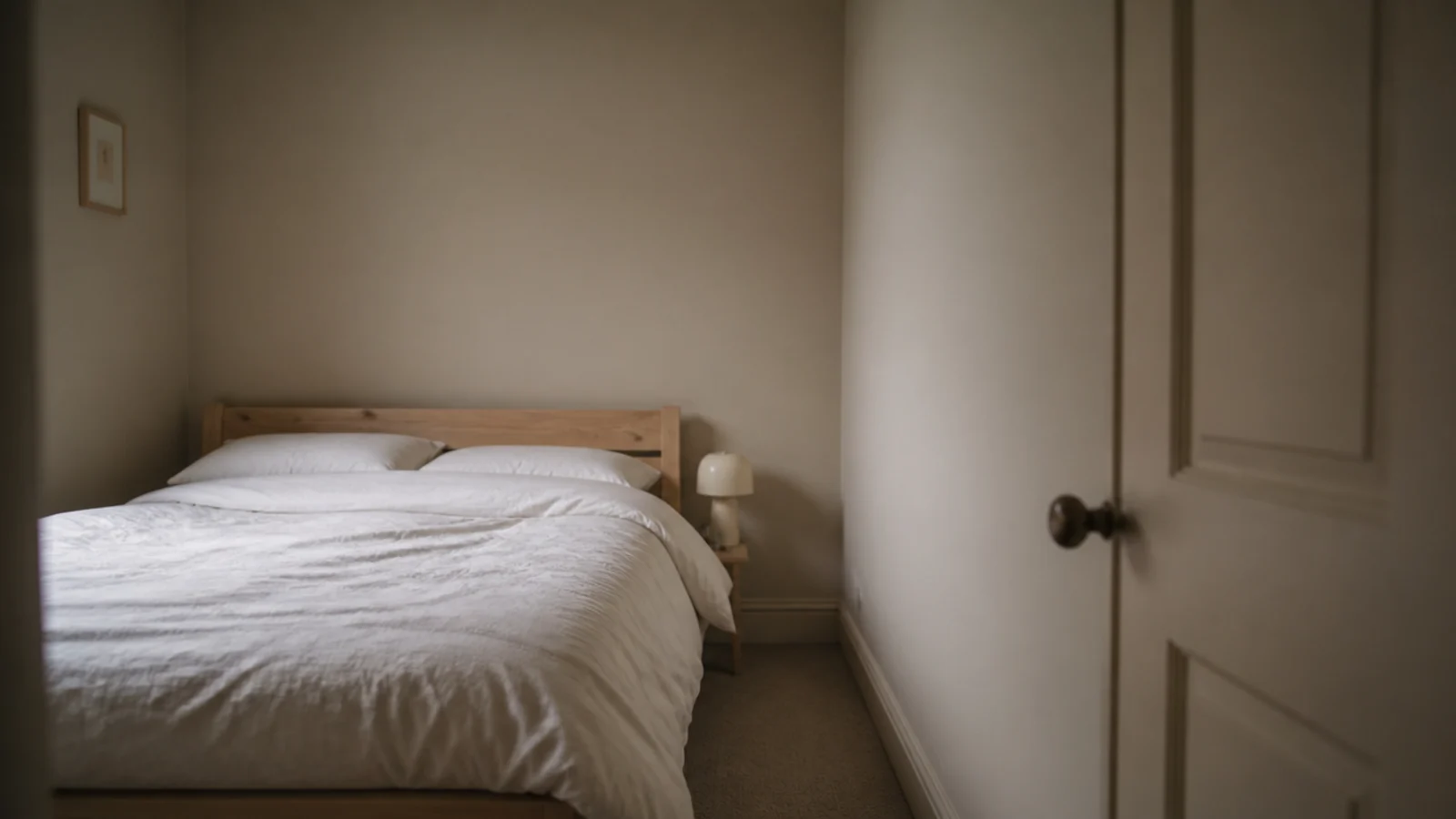 bedroom painted in a single soft shade across walls trim and door
