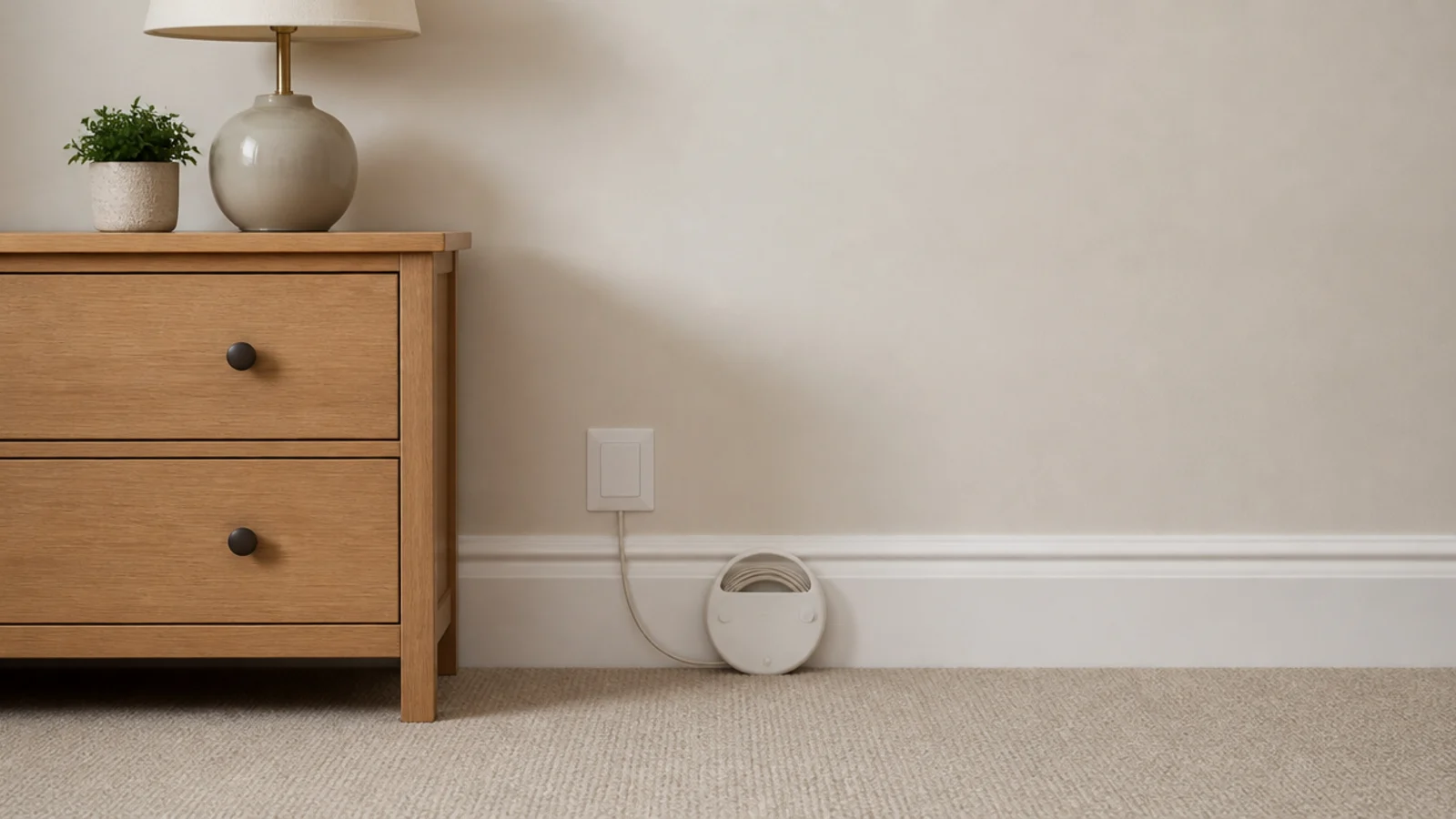 flat socket cover and a wound cord shortener behind a low dresser