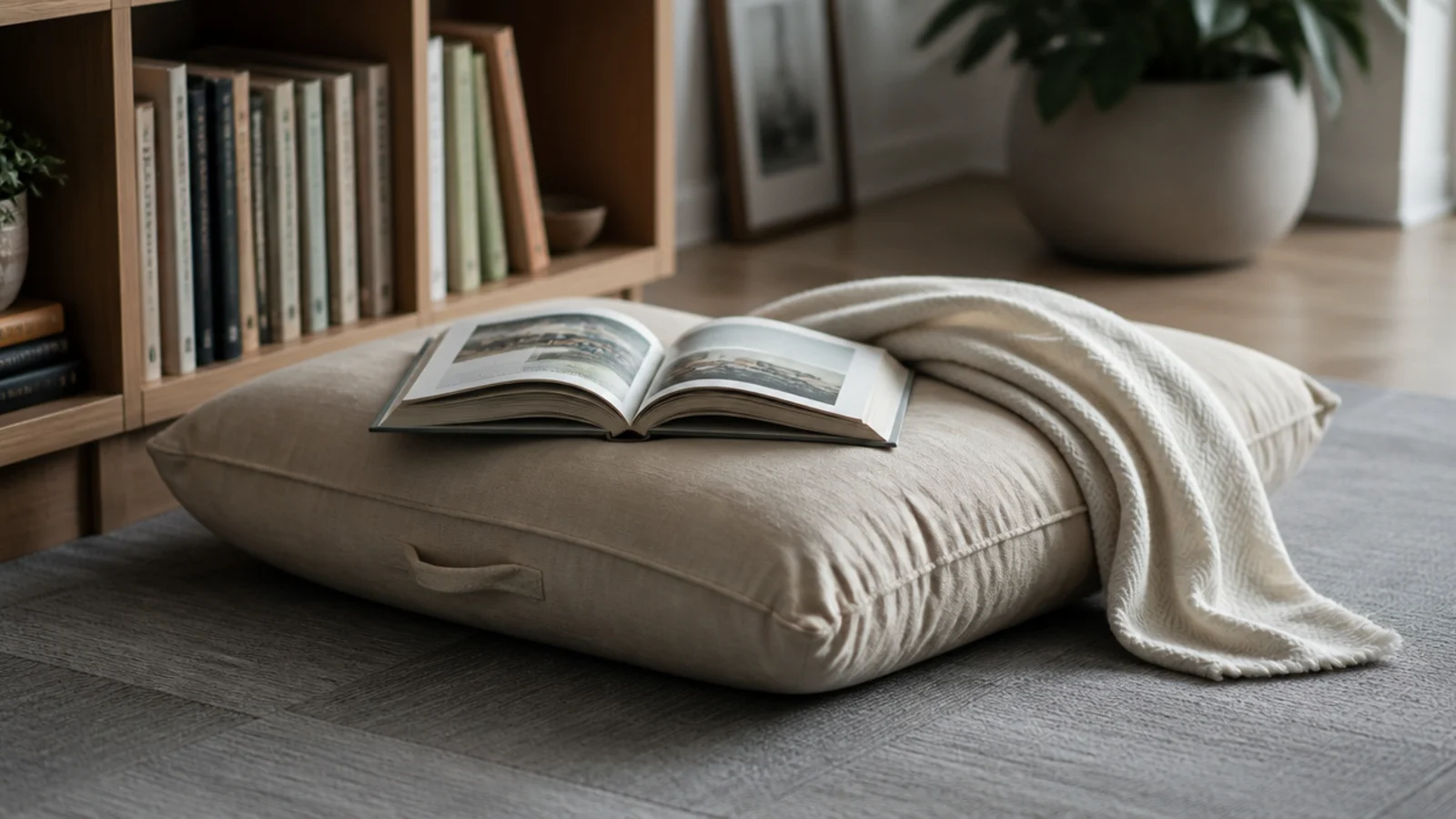 large square floor cushion in washed cotton beside a low bookshelf