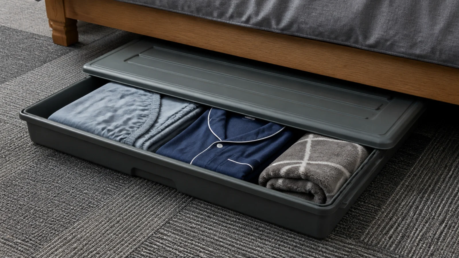 shallow under bed box holding spare sheets and a folded blanket