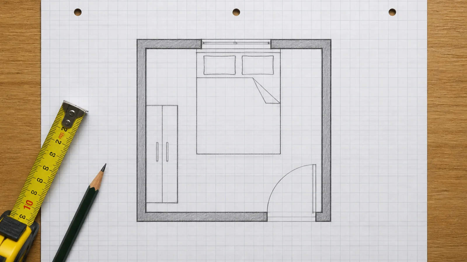 hand drawn floor plan on graph paper with door swing arc marked