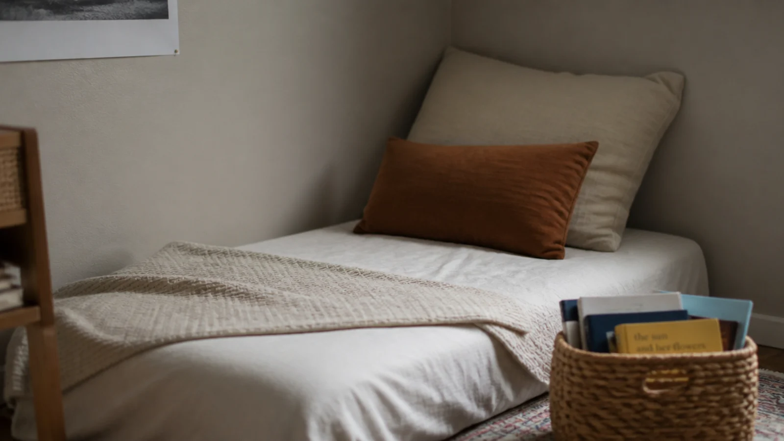 floor mattress fitted into a corner with walls on two sides