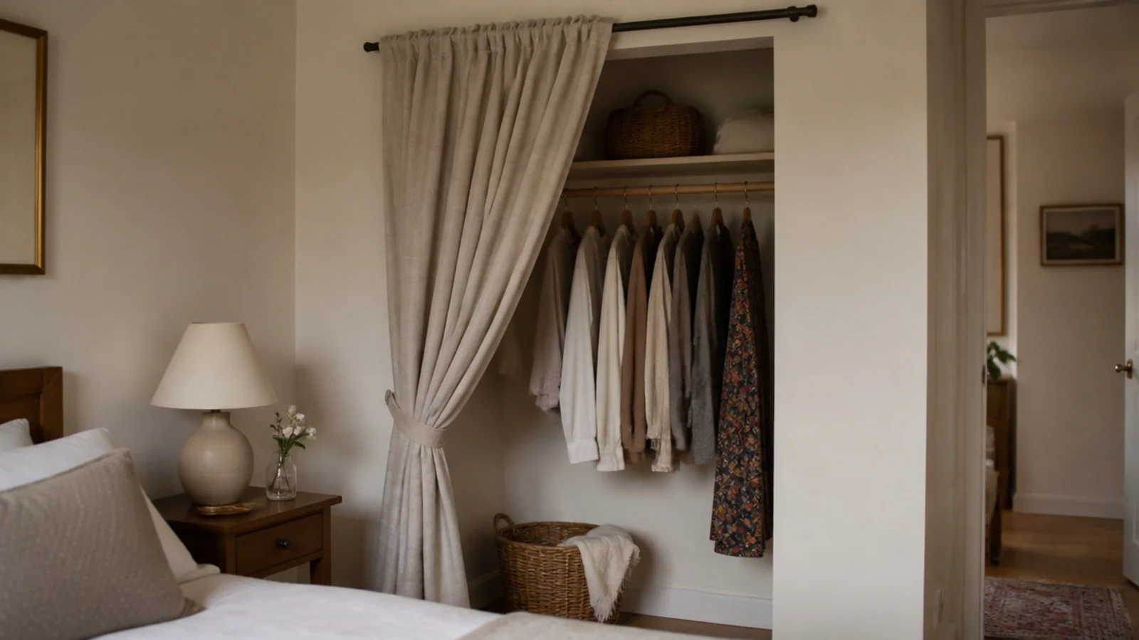closet opening dressed with a linen curtain instead of hinged doors