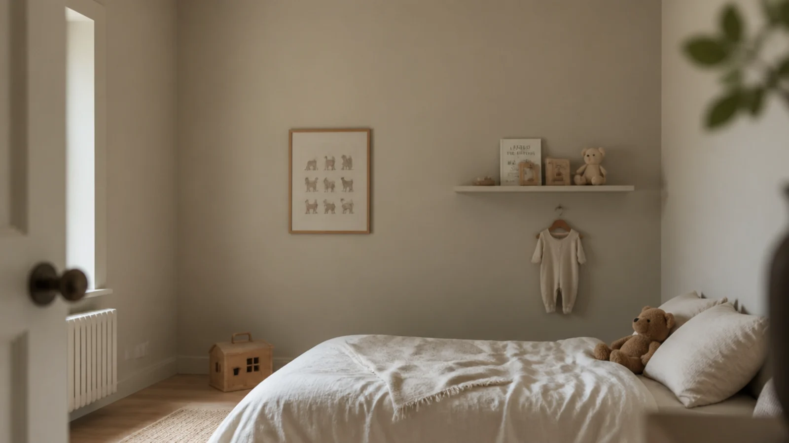 small bedroom painted in one pale tone across walls and ceiling
