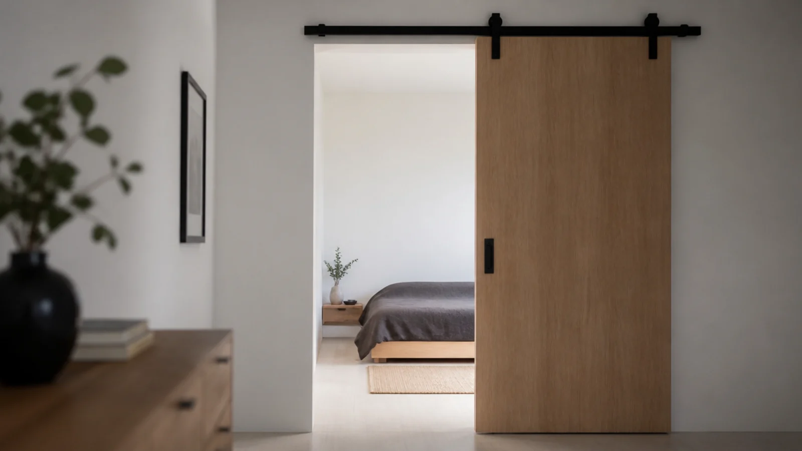 sliding barn style door fitted across a small bedroom doorway