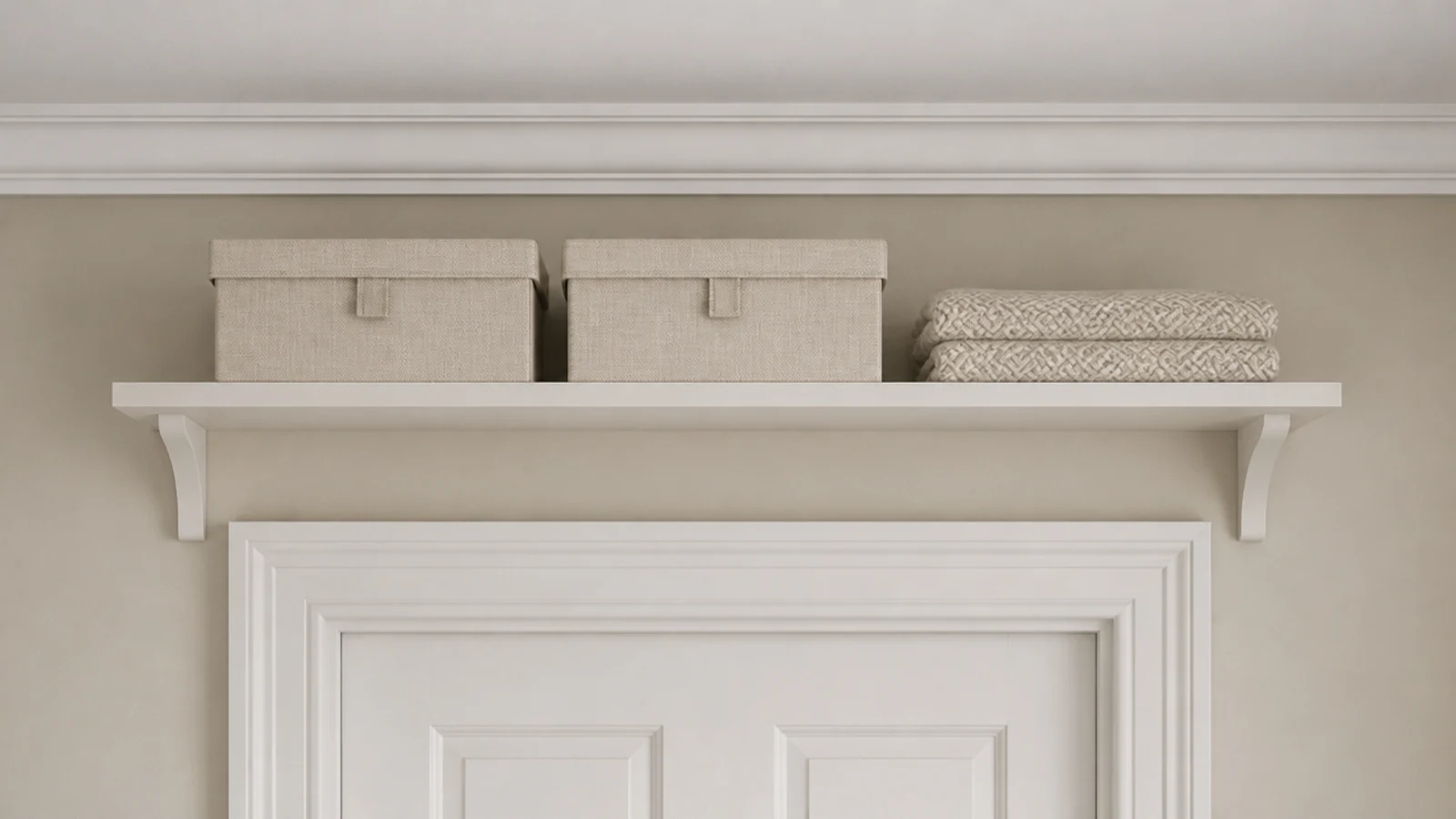 narrow shelf fitted high above a bedroom doorway holding boxes