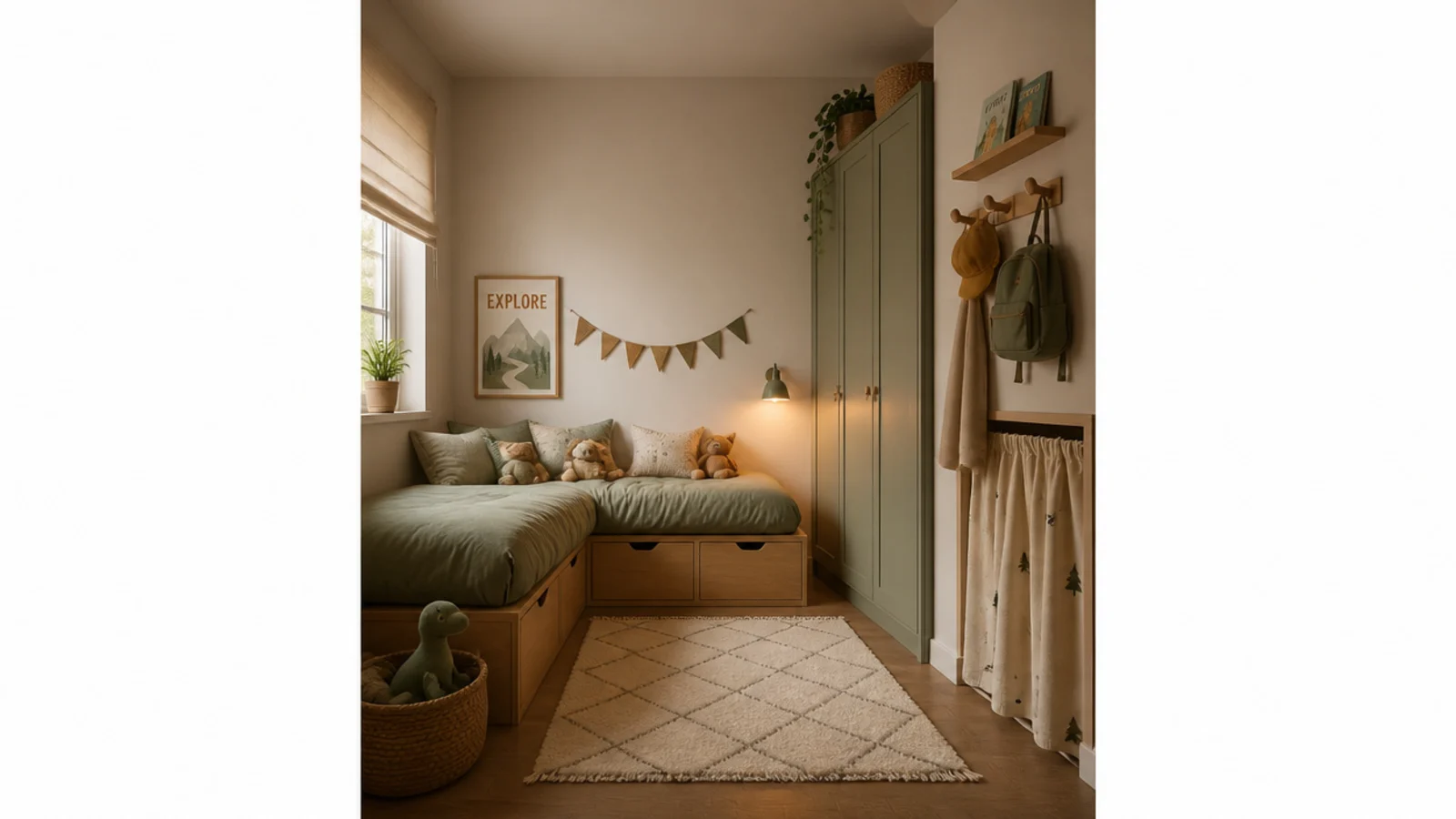 tall small toddler girl bedroom with corner bed slim wardrobe and peg rail