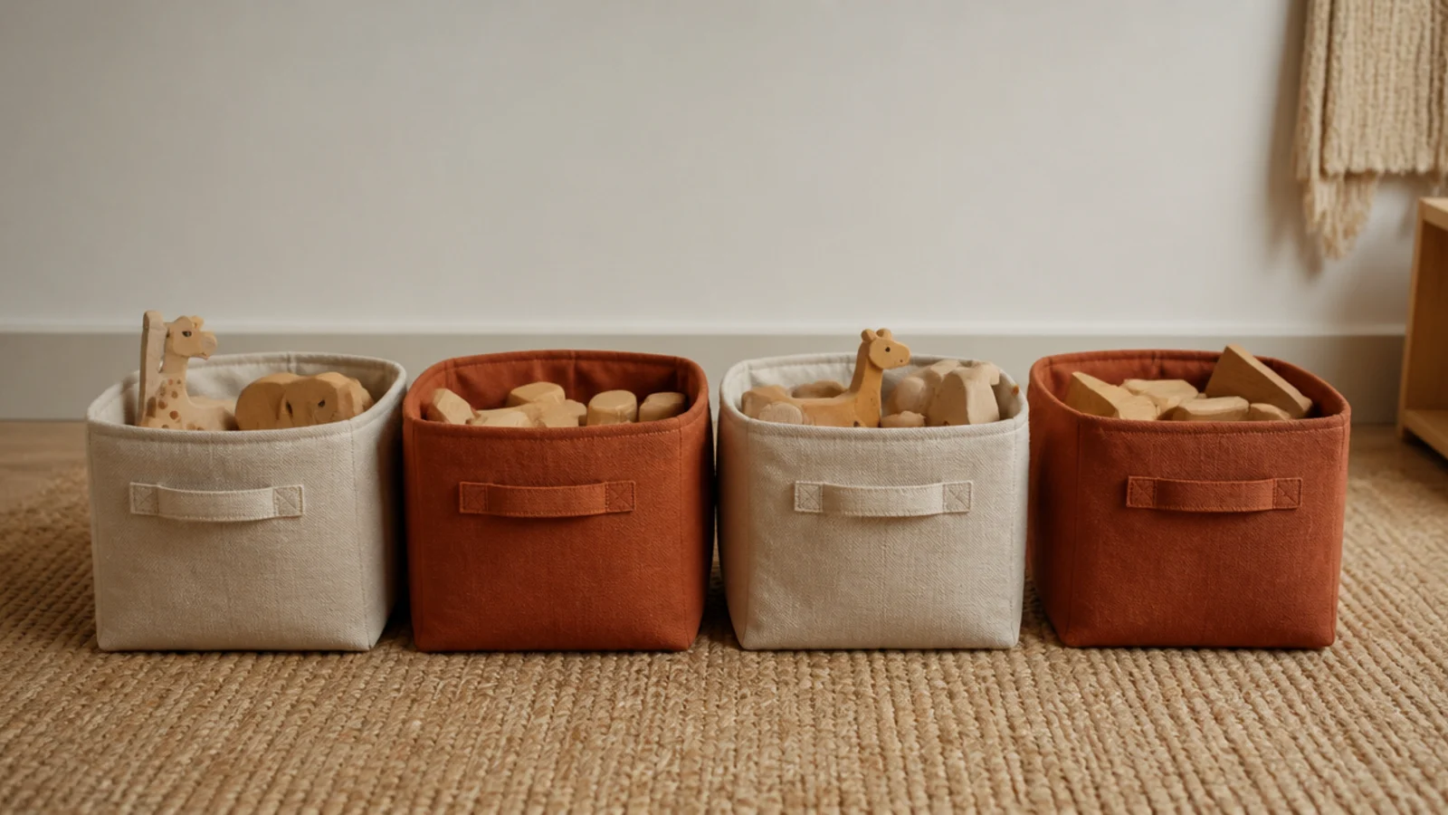 four soft fabric storage bins lined up on the floor of a child room