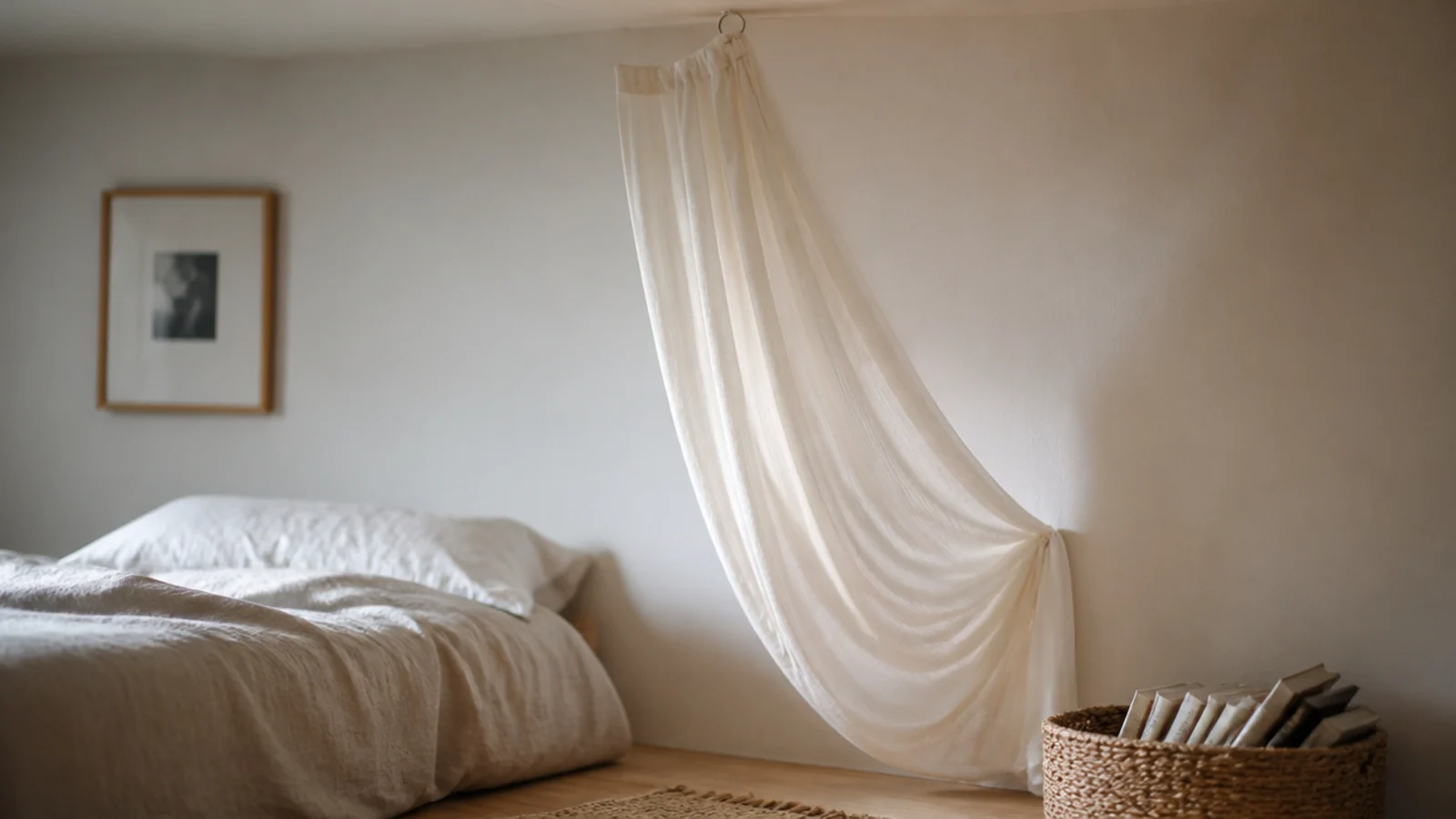 single sheer curtain panel looped over a ceiling hook beside a bed