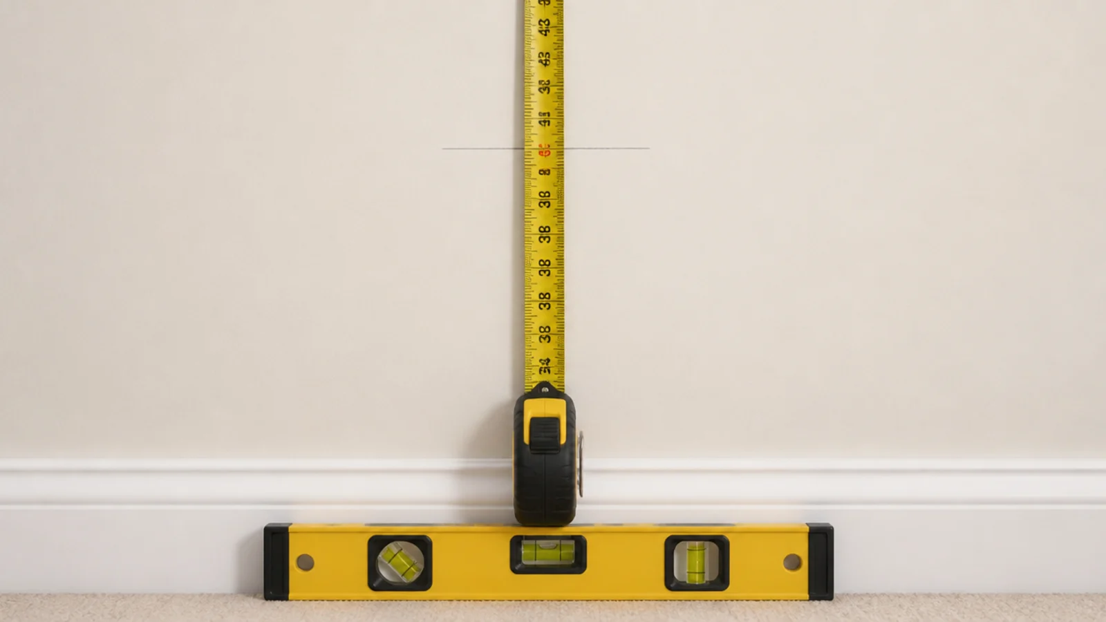 tape measure marking forty inches up a bedroom wall with pencil line