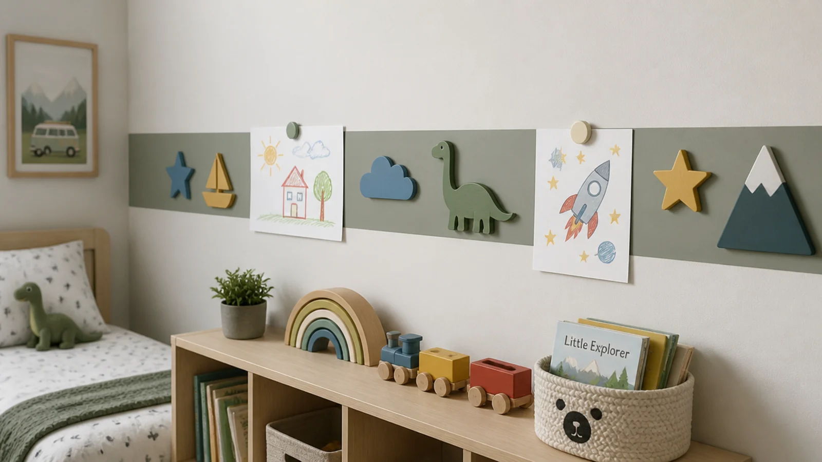 narrow magnetic paint strip on a wall holding painted wooden shapes