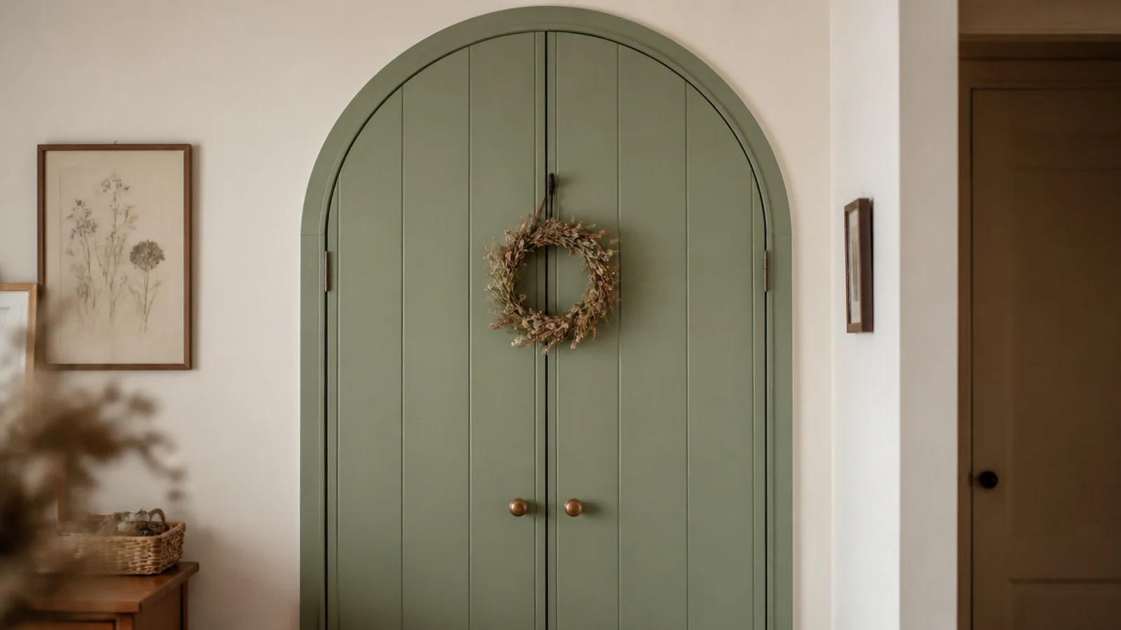 closet doors painted to look like a small cottage door with a wreath