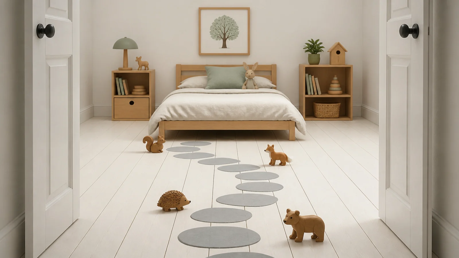 painted stepping stone path curving across a child bedroom floor