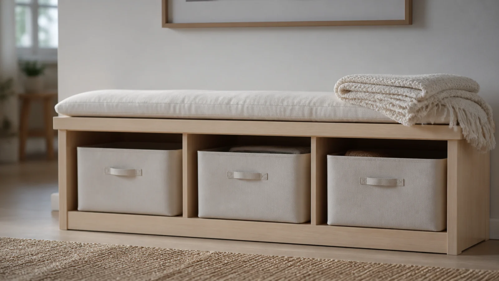 low wooden bench with three open cubbies holding fabric bins below