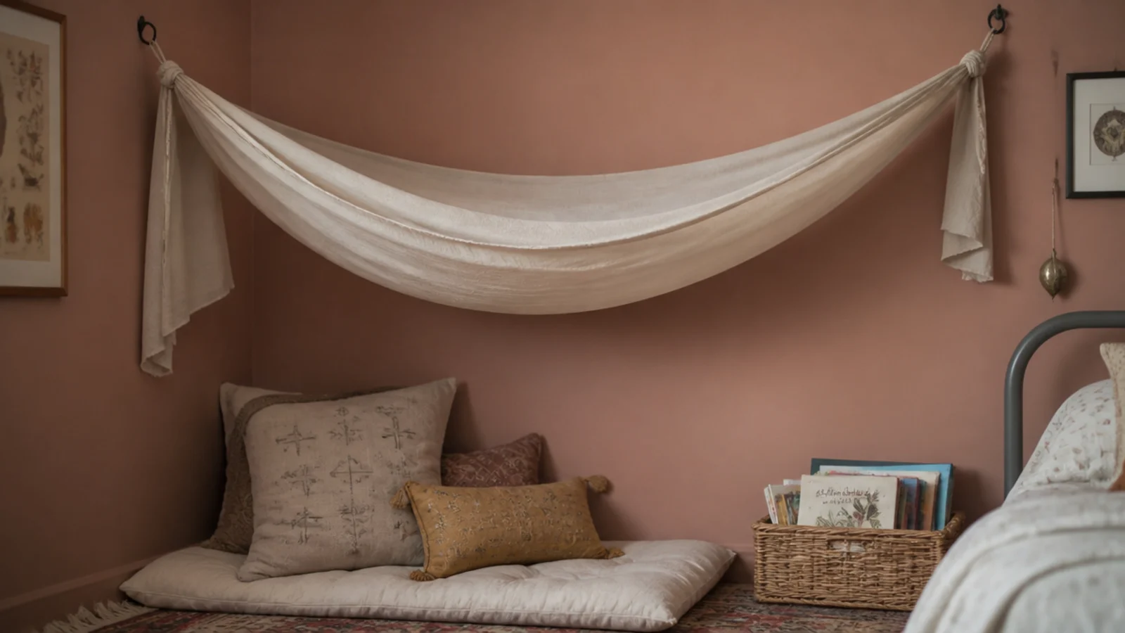 triangular fabric canopy stretched across a bedroom corner above cushions