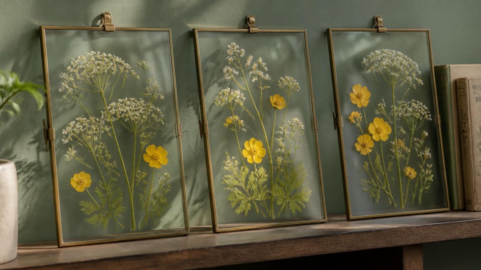pressed wildflowers displayed between glass in three simple clip frames