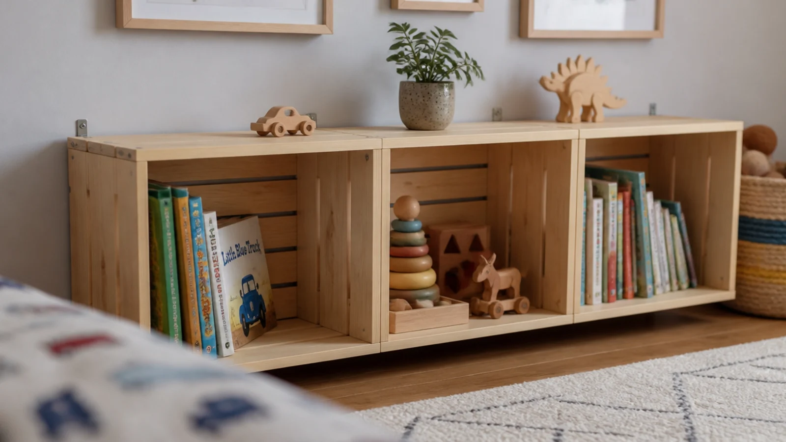 three wooden crates stacked sideways forming open book cubbies