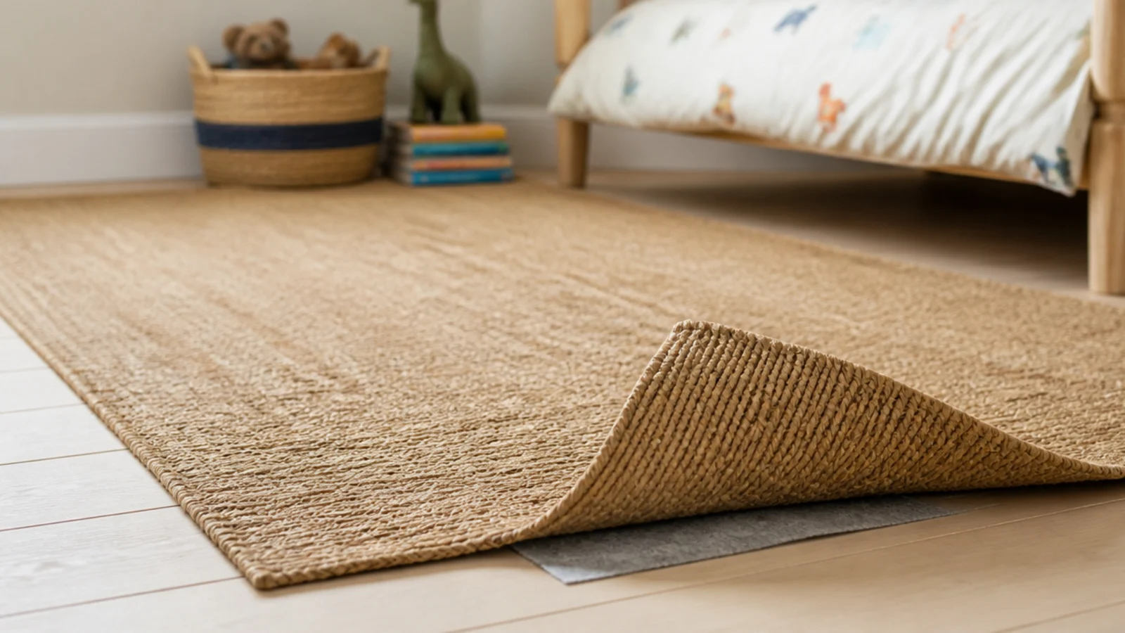 flat jute rug laid over pale floorboards with a gripping pad beneath