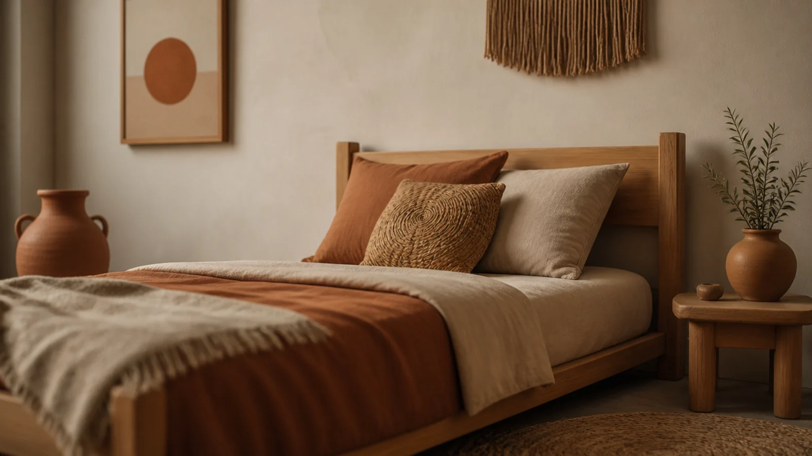 terracotta and clay tones layered across bedding cushions and pots