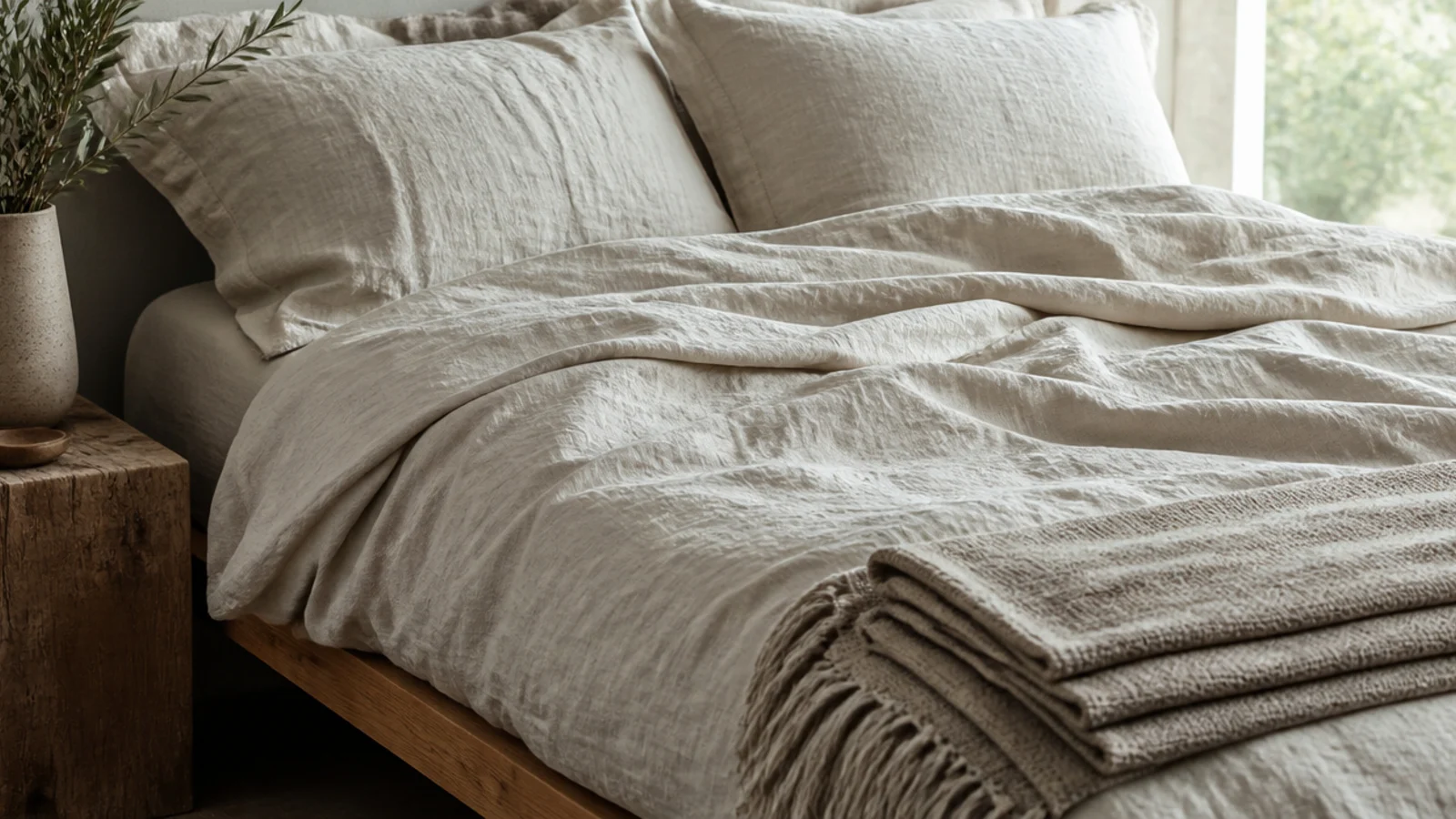 rumpled unbleached linen bedding on a low wooden bed frame